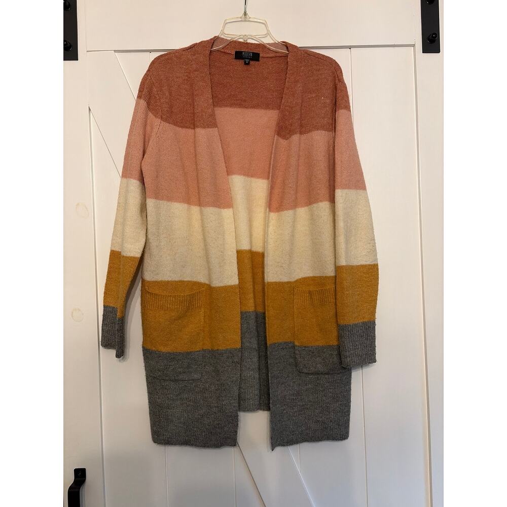 Modern Canvas Striped Cardigan Colorblock Boho Cozy Duster Open Front Neutral